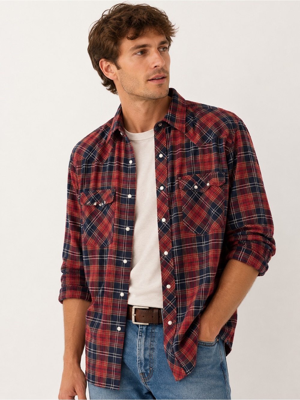 Wrangler Red and Navy Plaid Button-Down Shirt